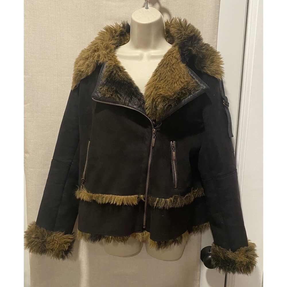 Pasha & Jo NY Coat Vegan Faux Fur Faux Suede Black Women's Lg Shoulder Buckles